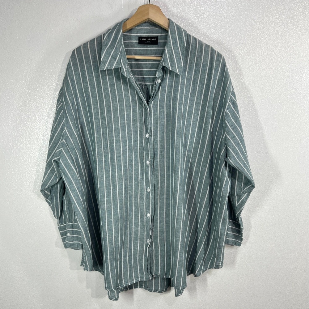 Lane Bryant Green White Striped Linen Blend Button Down Tunic Top 26/28 Coastal - Picture 2 of 12